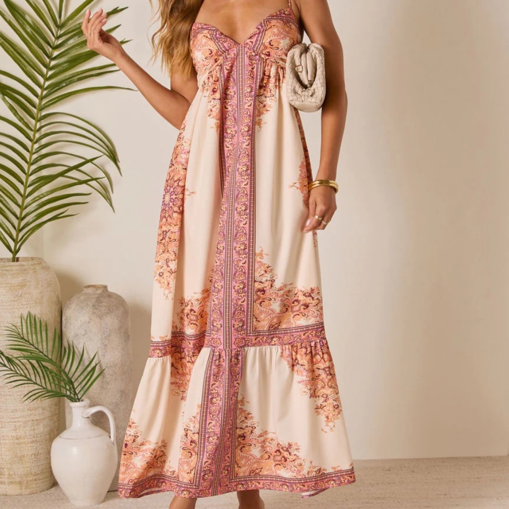 Vici Bohemian Cream and Pink Maxi Dress